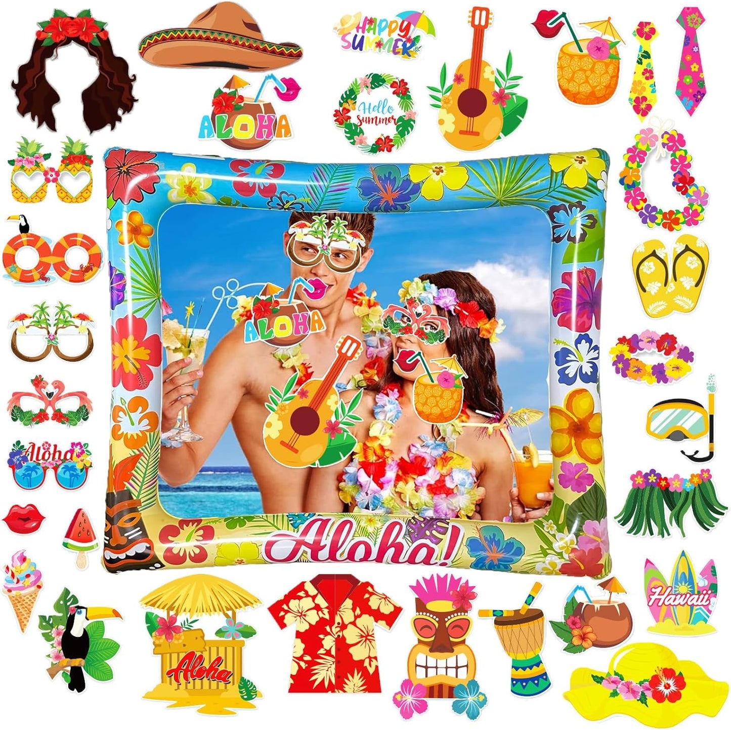 Hawaiian Party Photo Booth Props Kit, 30 PCS Luau Photo Booth Props with Large Inflatable Selfie Picture Frame for Hawaiian Tropical Tiki Summer Pool Party Supplies