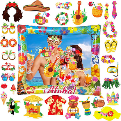 Hawaiian Party Photo Booth Props Kit, 30 PCS Luau Photo Booth Props with Large Inflatable Selfie Picture Frame for Hawaiian Tropical Tiki Summer Pool Party Supplies