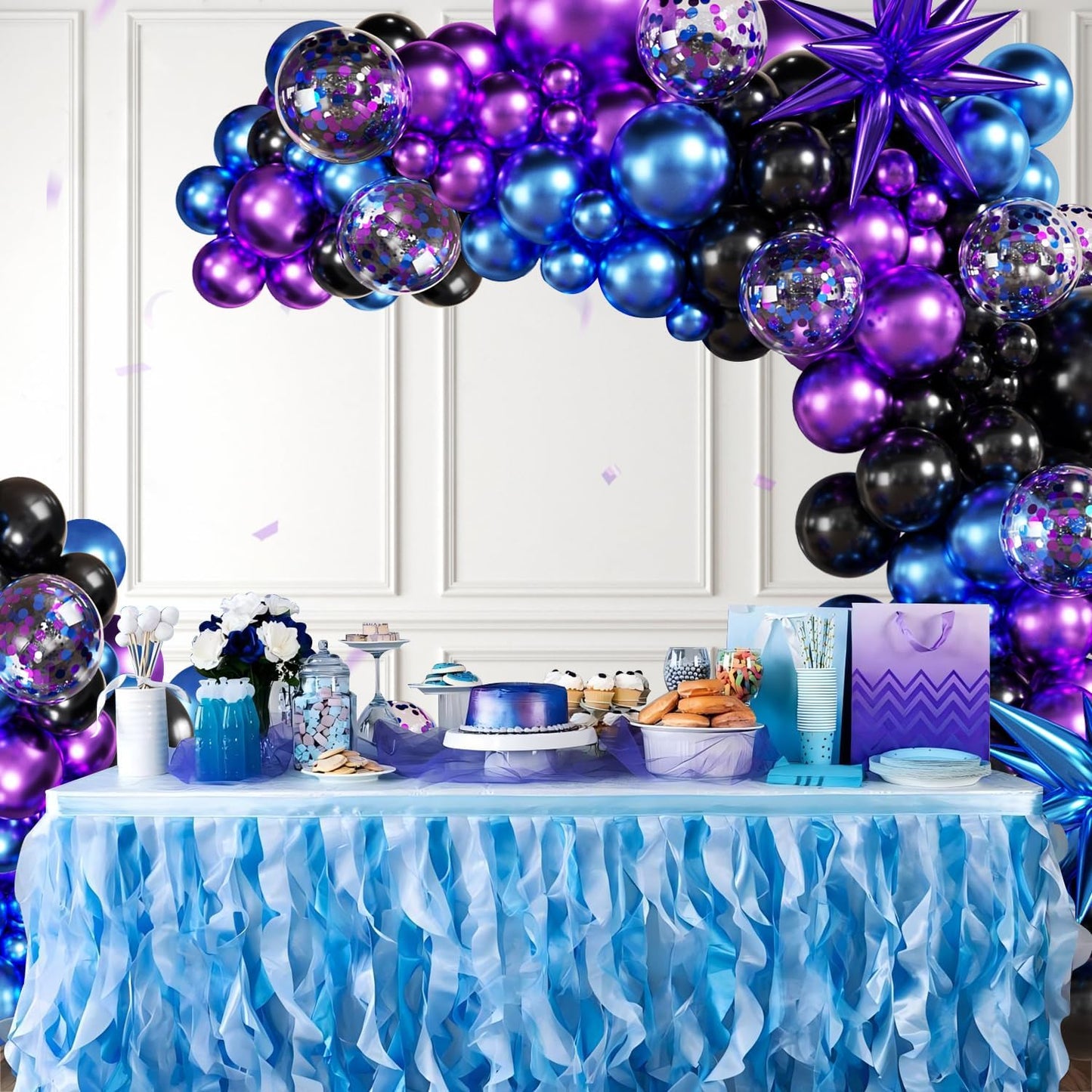 Blue White Silver Balloon Garland Arch Kit, 140Pcs Navy Light Metallic Blue Silver White Confetti Balloons With Stars for Birthday Wedding Birdal Shower Graduation Fathers Day Party Decorations