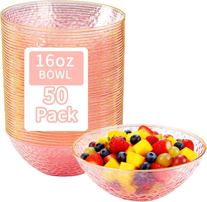 Tinybee 30 Pack Pink Plastic Bowls - Pink Disposable Bowls for Party with Gold Rim, 16-20oz Premium Hammered Bowls Disposable Heavy Duty, Plastic Salad Bowls for Milk Cereals, Snacks, Salads