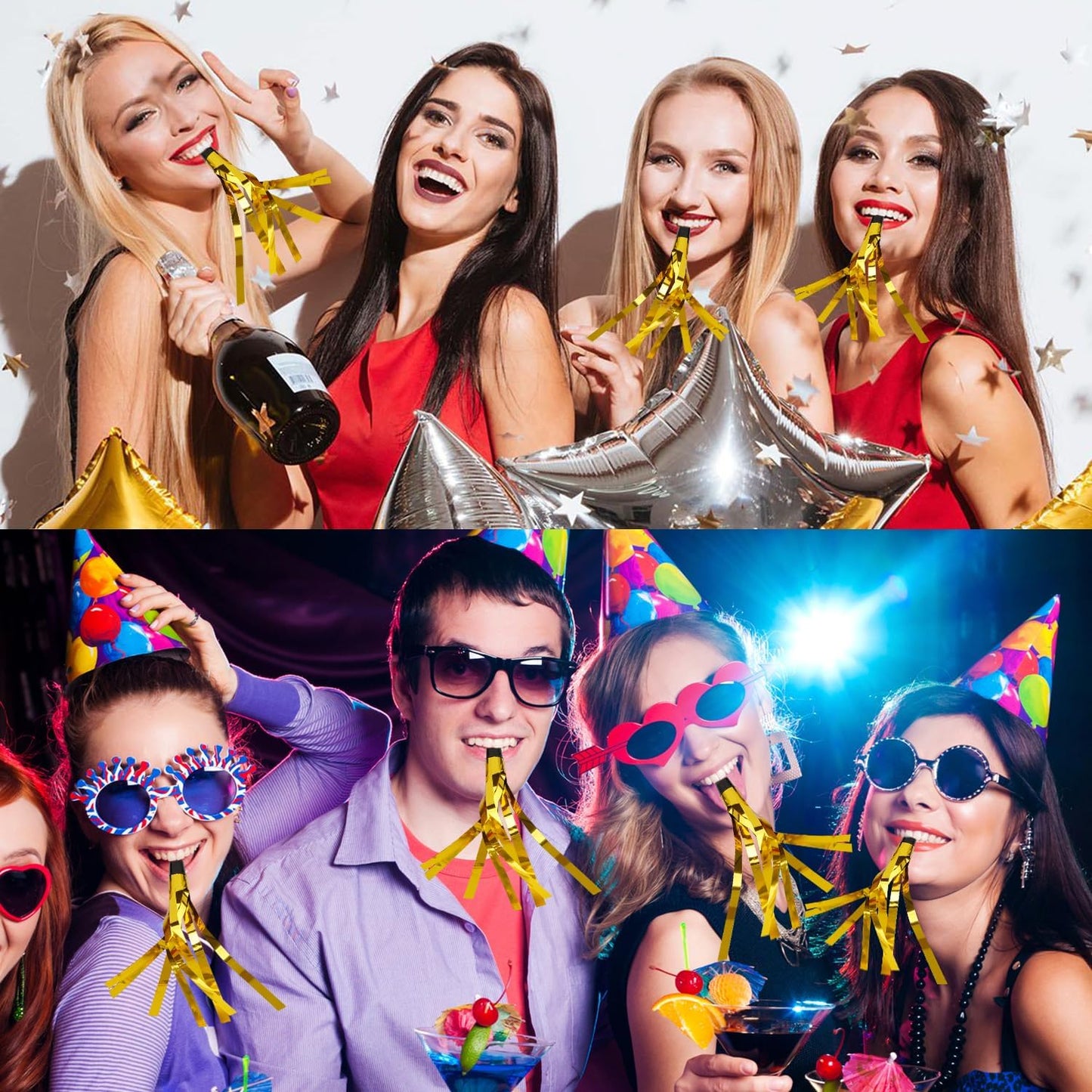 Noise Makers, 24 PCS Gold Noise Makers, Glitter Metallic Fringed Party Blowers Noisemakers Horns for Adults for Birthday Sporting Events Christmas 2025 New Year Eve Party Favor Supplies Decorations