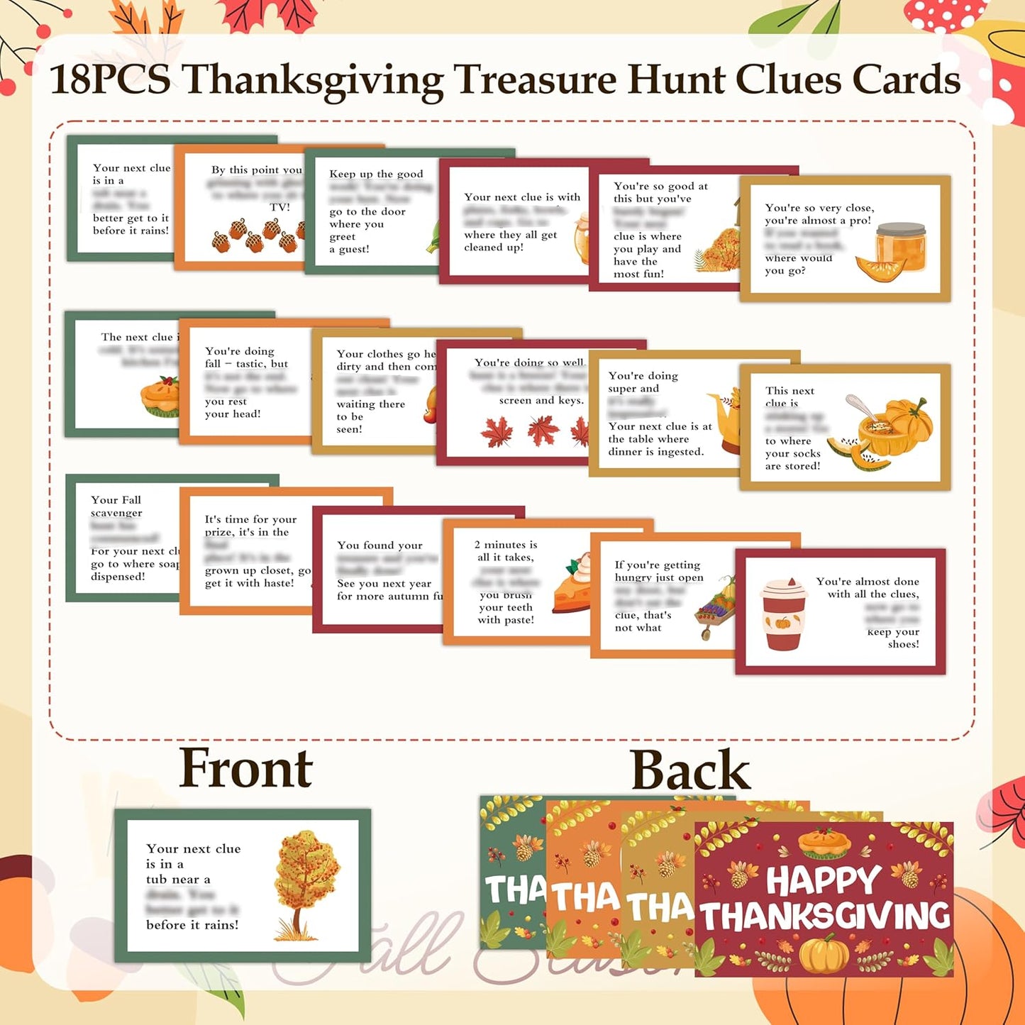 Thanksgiving Scavenger Hunt Clue Cards, Fall Thanksgiving Scavenger Hunt Games for Adults, Autumn Pumpkin Holiday Birthday Party Supplies Activities Outdoor Indoor(18 Cards with Envelopes), 09