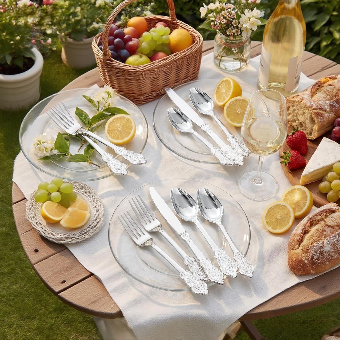 Supernal 360pcs Silver Plastic Cutlery,Elegant Plastic Silverware,Silver Hammed Silverware,Disposable Flatware,Include 120 Forks,120 Knvies,120 Spoons,Perfect for Birthday,Party,Wedding