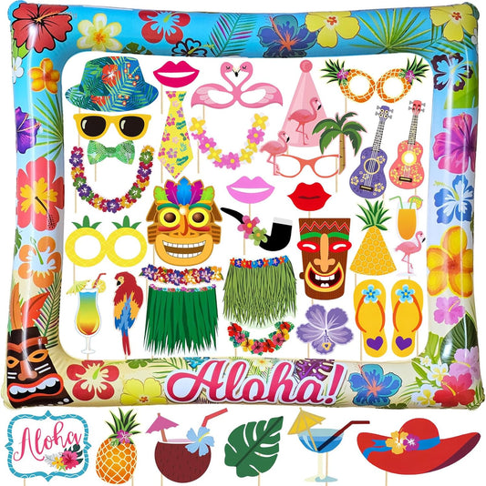 37Pcs Aloha Luau Party Inflatable Selfie Photo Frame & Photo Booth Props Set Hawaiian Party Selfie Props for Pictures and Decorations Summer Tropical Flamingo Tiki Birthday Party Supplies