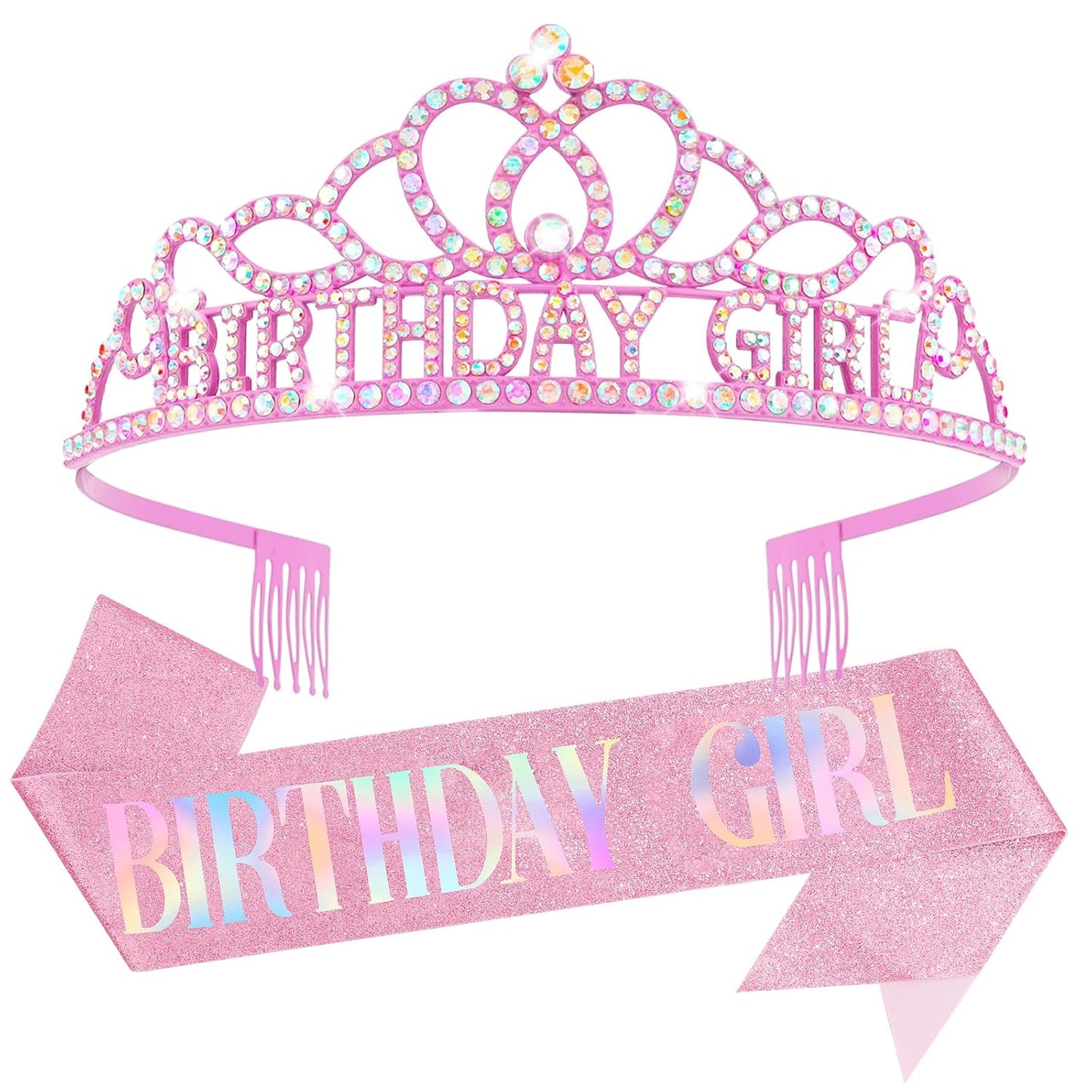 Chanaco Happy Birthday Crown and Sash Kit for Women and Girls - Rhinestone Tiara and Sashes with 'BIRTHDAY GIRL' Sash for Party Favors