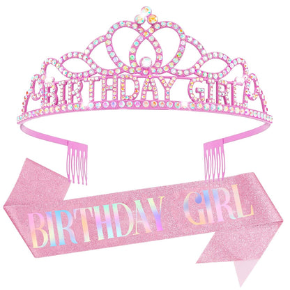 Chanaco Happy Birthday Crown and Sash Kit for Women and Girls - Rhinestone Tiara and Sashes with 'BIRTHDAY GIRL' Sash for Party Favors