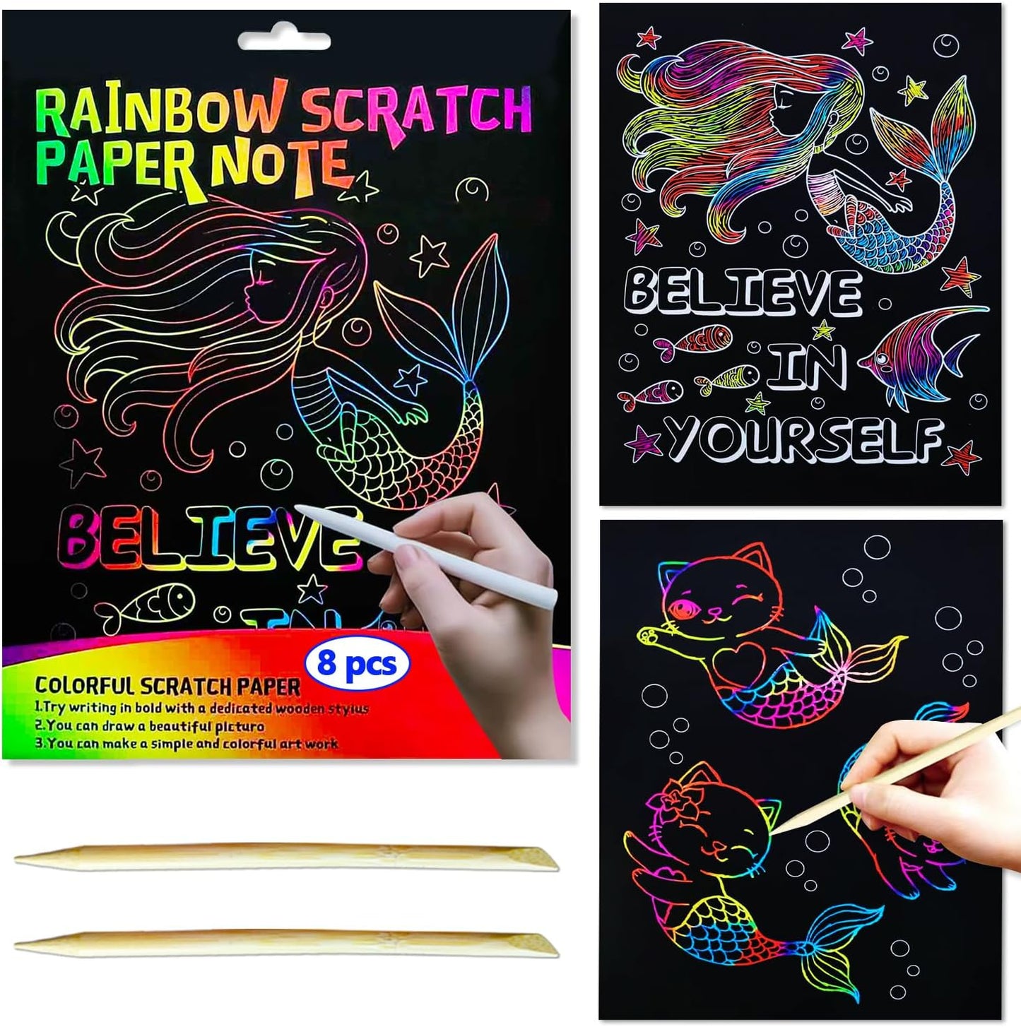 BAOXUE Scratch Art for Kids, Mermaids Black Rainbow Scratch Paper Set-Arts And Crafts & Supplies, DIY Activity & Party Games, Mermaid Toys Gifts for Toddlers, Girls