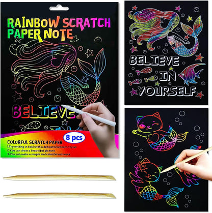BAOXUE Scratch Art for Kids, Mermaids Black Rainbow Scratch Paper Set-Arts And Crafts & Supplies, DIY Activity & Party Games, Mermaid Toys Gifts for Toddlers, Girls