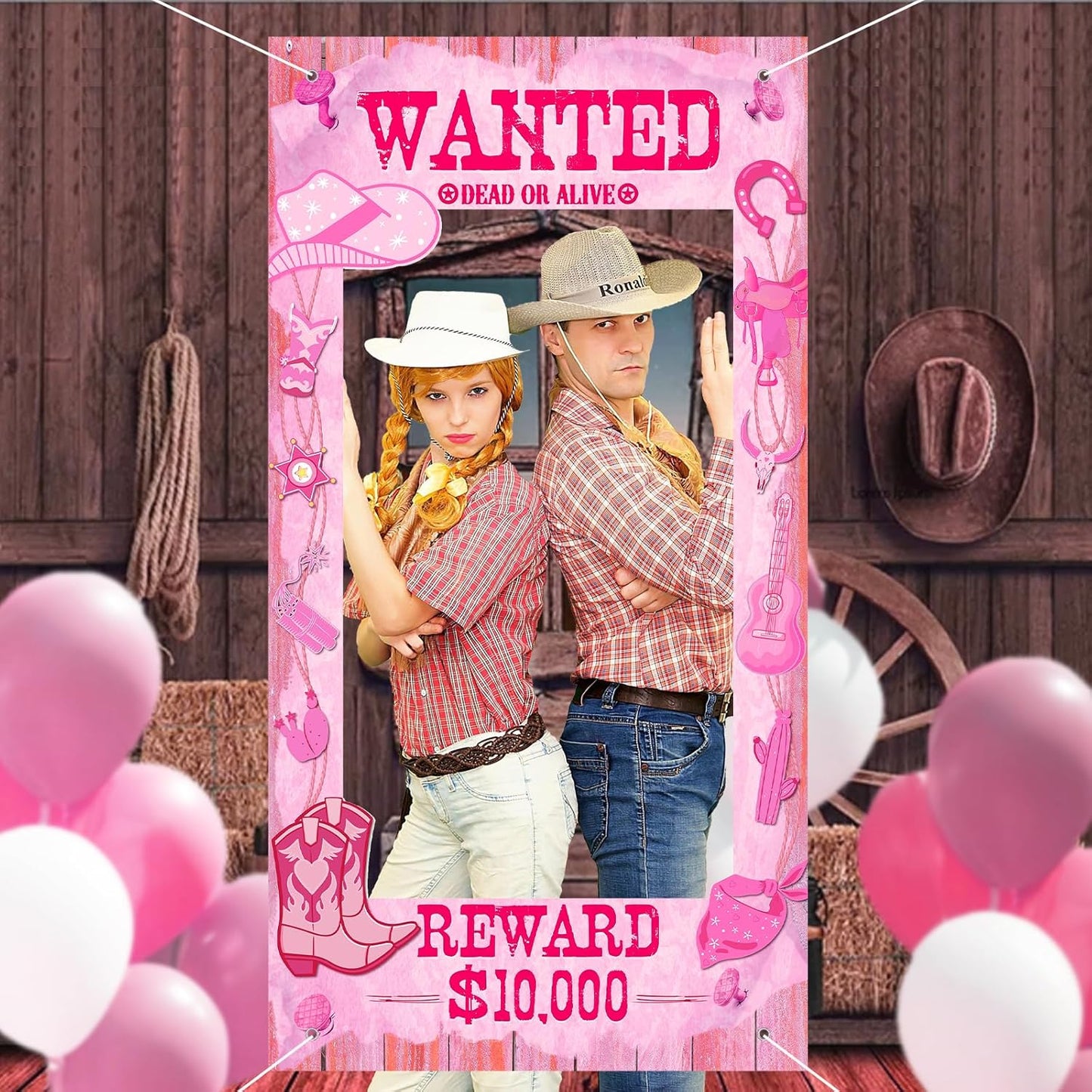 Large Cowgirl Party Decorations Wild West Pink Photo Banner Fun Frame Banner West Wanted Photo Booth Prop Wild Western Selfie Banner for Wild West Western Theme Birthday Party Game Decoration Supplies