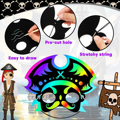 Deekin 60 Pcs Pirate Party Favors Pirate Themed Birthday Party Accessories Supplies Gasparilla Scratch Mask Craft Kit Rainbow Masks Treasure Scratch Crafts Gift Set Decorations