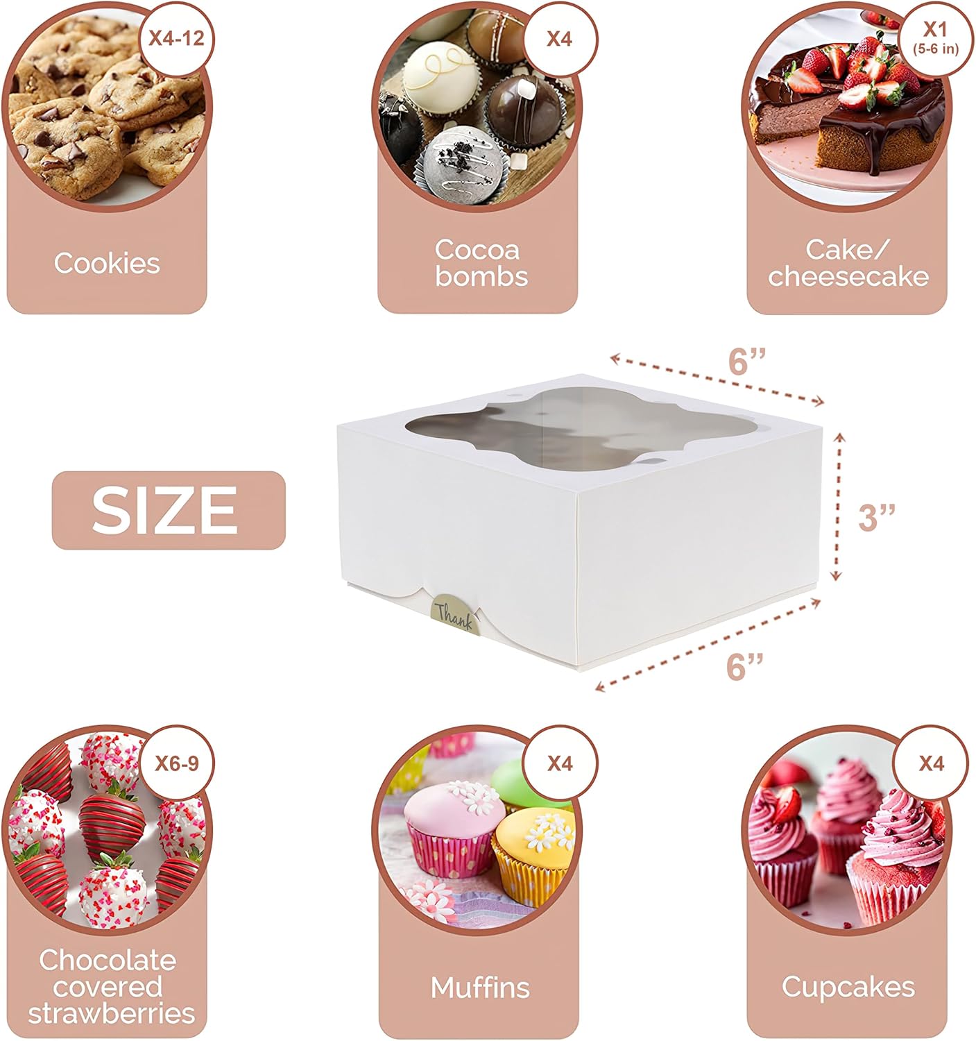 20 Pack Cookie Boxes for Gift Giving – 6X6X3 Inches Bakery Boxes with Window - Extra Thick Small Cookie Containers for Treats, Desserts, Strawberries, Cupcakes, Candy, Charcuterie, Baked Goods, Pastry