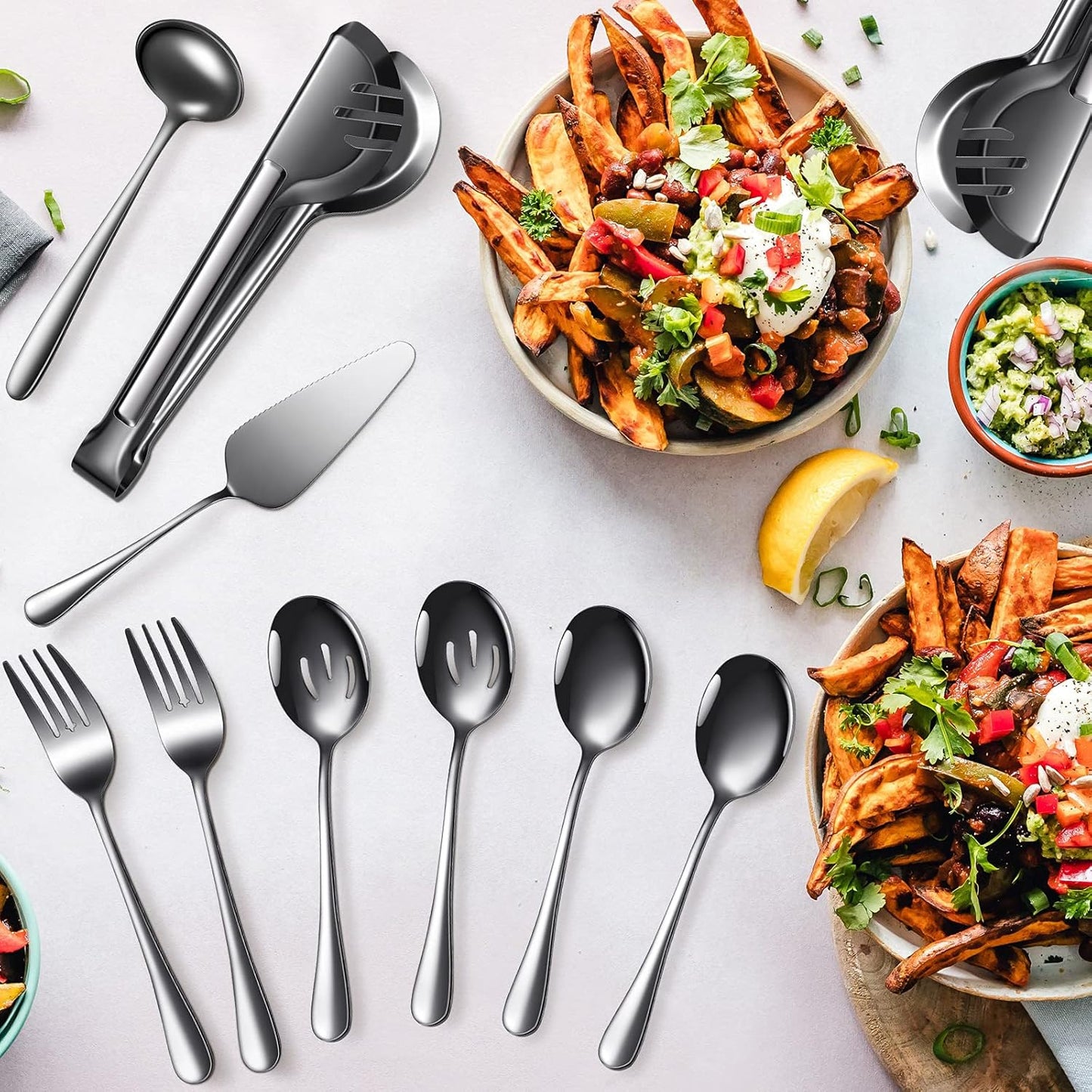 Patelai Serving Utensils Set Include Stainless Steel Large Spoons Slotted Spoons Forks Tongs Soup Ladle and Pie Server for Parties Buffet Catering, Dishwasher Safe(Silver,10 Pieces)