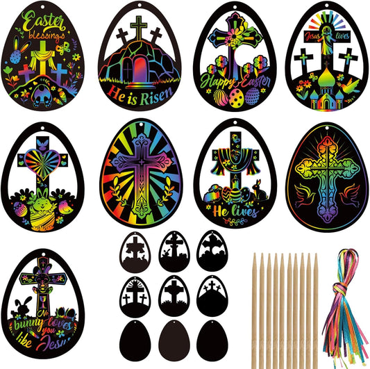 Qpout 27 Packs Easter Eggs Scratch Art Cards,Jesus Cross Magic Rainbow Scratch Off Cards Hanging Ornaments Craft for Religious Sunday School Activity Easter Party Supplies