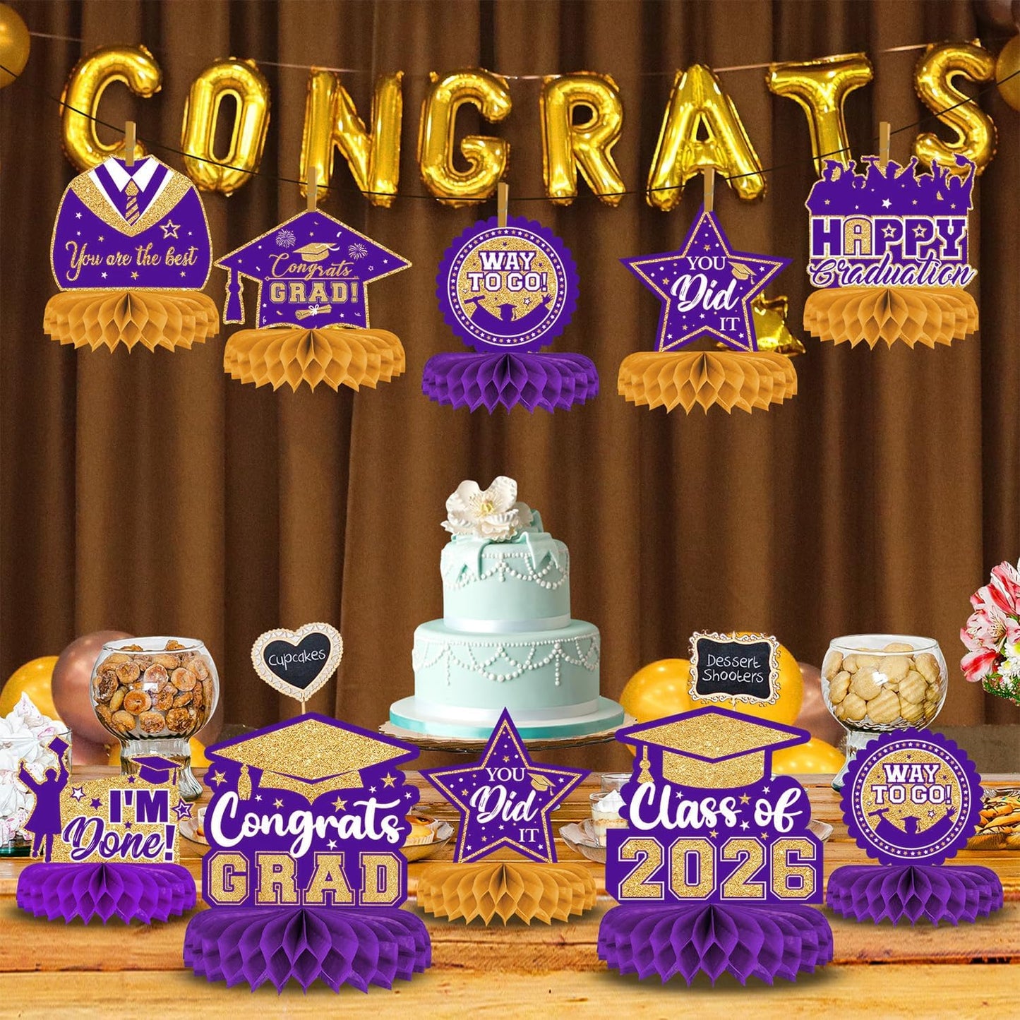 8 Pieces Class of 2026 Graduation Table Decorations - 2026 Congrats Grad Honeycomb Centerpieces, Red Black Graduation Table Toppers Decor for 2026 Graduation Party Decorations Favor Supplies