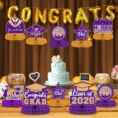 8 Pieces Class of 2026 Graduation Table Decorations - 2026 Congrats Grad Honeycomb Centerpieces, Red Black Graduation Table Toppers Decor for 2026 Graduation Party Decorations Favor Supplies