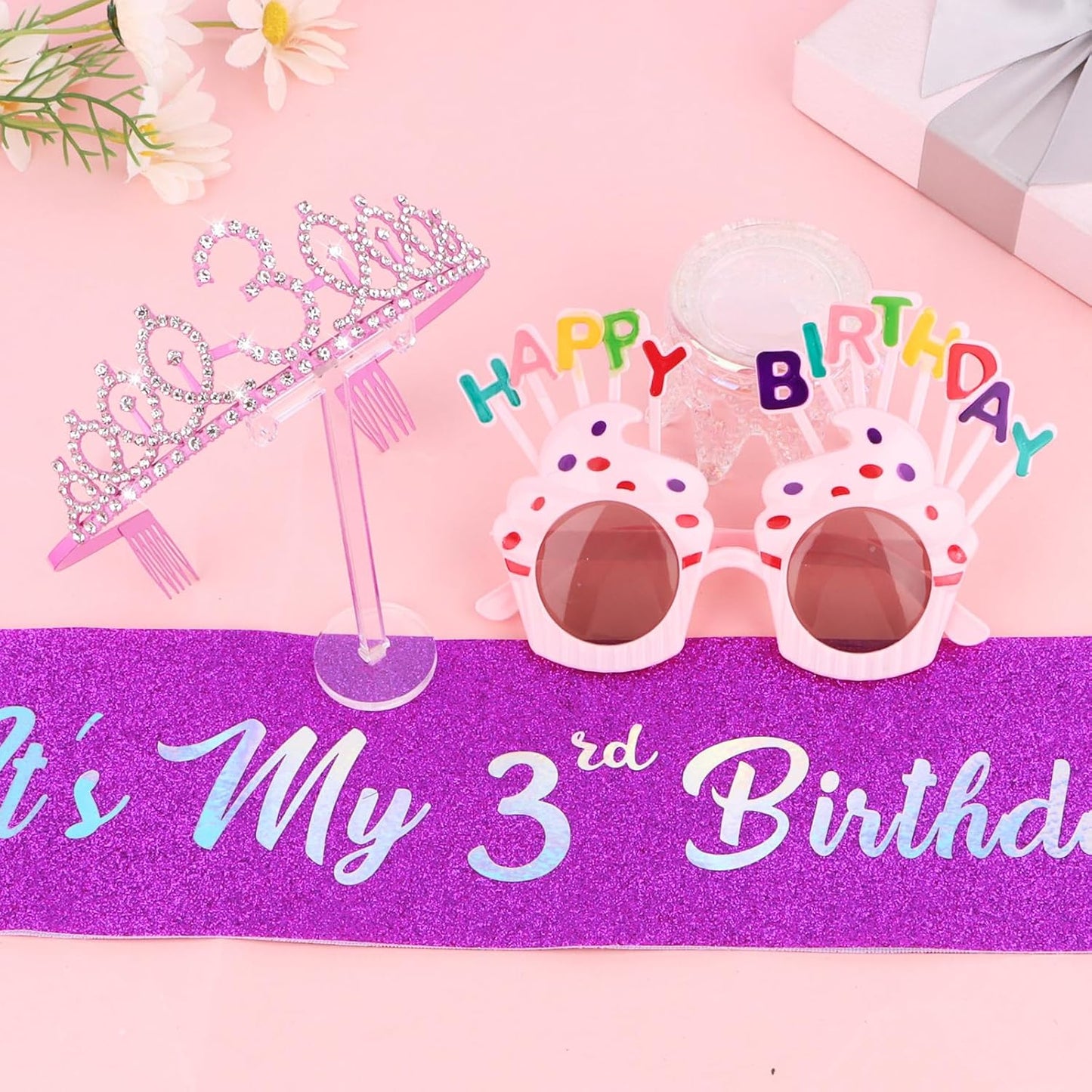 YARIEW 3rd Birthday Decorations, 3rd Glitter Purple Sash and Crown Kit with Happy Birthday Sunglasses, Tiara Princess Crown and Sash Party Outfit Accessory