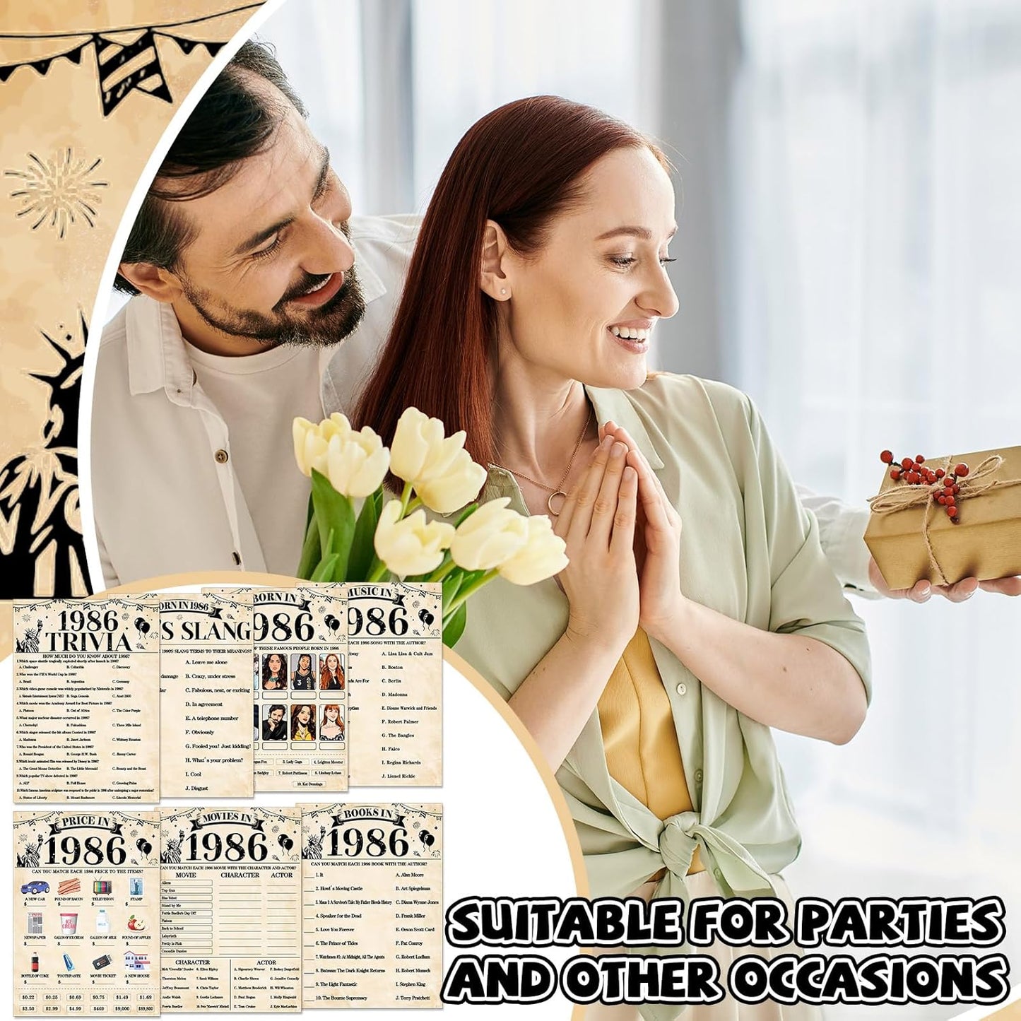 70Pcs 70th Birthday Party Games Born In 1956 Fun 1956 Trivia Music Slang Books Game Double-Sided Game Cards Vintage 70th Birthday Party Supplies for 70 Year Old Activity Anniversary Class Reunion