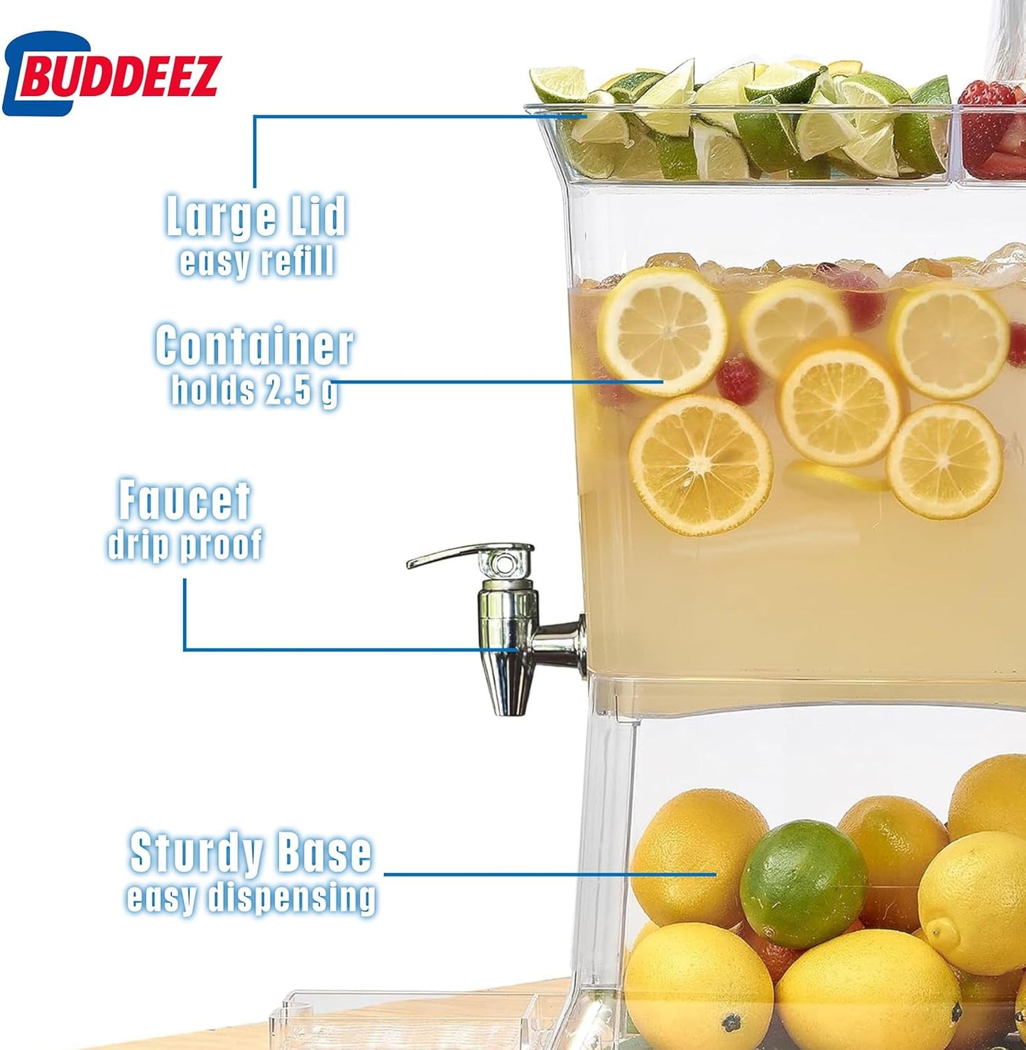 Buddeez Tritan™ Beverage Dispenser with Party Tray Lid - 2.5 Gallon Cold Drink Dispenser for Juice, Iced Tea, Lemonade, Water