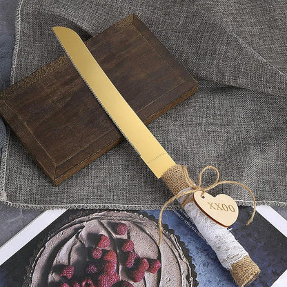TANG SONG Rustic Style Stainless Steel Wedding Cake Knife and Serving Set Resin Plastic Handle with Twine Heart Love Wood Tag and Burlap Lace Design