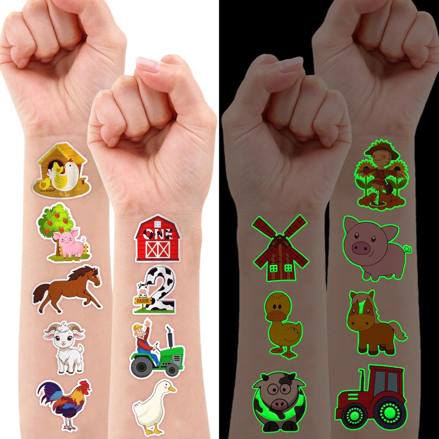 72 PCS Farm Barnyard Animal Pre-Cut Temporary Tattoos Sticker Birthday Decorations Party Supplies Favors Gift Boy Girl Farmhouse Cow Chicken Tattoo School Reward Themed (Normal)
