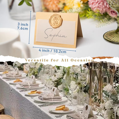 25 Pack Name Cards for Table Setting, Printable Place Cards with Antique Gold Rose Wax Seal Sticker for Wedding, Table Tent Card Stock Decor for Party, Dinner, Home(Pearlized Champagne Gold)