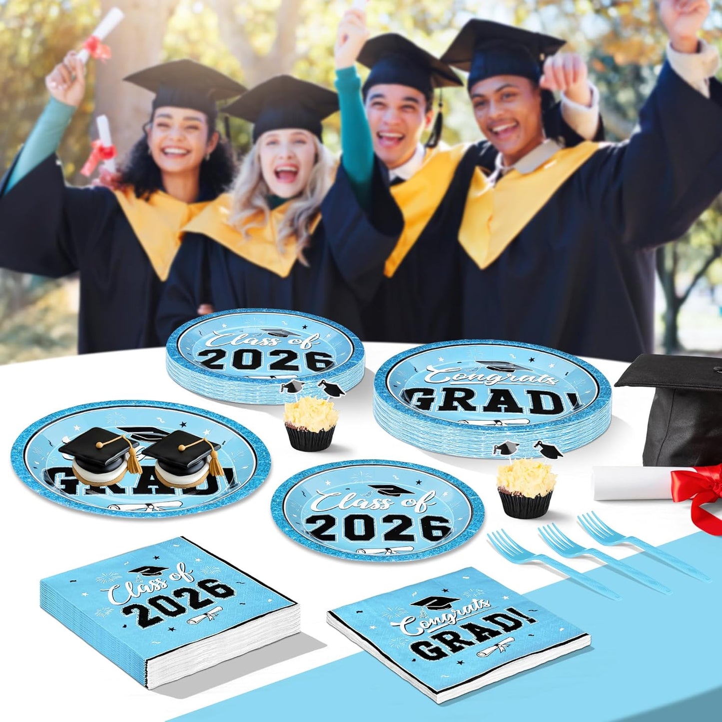200Pcs Graduation Decorations 2026, Blue Graduation Plates and Napkins Party Supplies for 50 Guests, Disposable Grad Plates, Napkins, Dessert Plates and Forks for Grad Decor Wedding Birthday Supplies