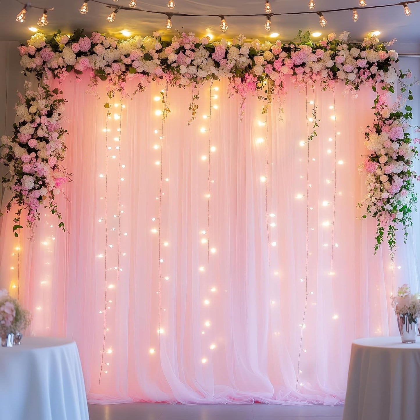 Fomcet Tulle Backdrop Curtains with Lights String White 10FT X 8FT Sheer Curtain with Lights Tulle Curtains Backdrop for Wedding Birthday Party Baby Shower Photo Shoot (2 Panels 5x8FT)