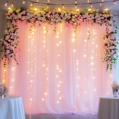 Fomcet Tulle Backdrop Curtains with Lights String White 10FT X 8FT Sheer Curtain with Lights Tulle Curtains Backdrop for Wedding Birthday Party Baby Shower Photo Shoot (2 Panels 5x8FT)