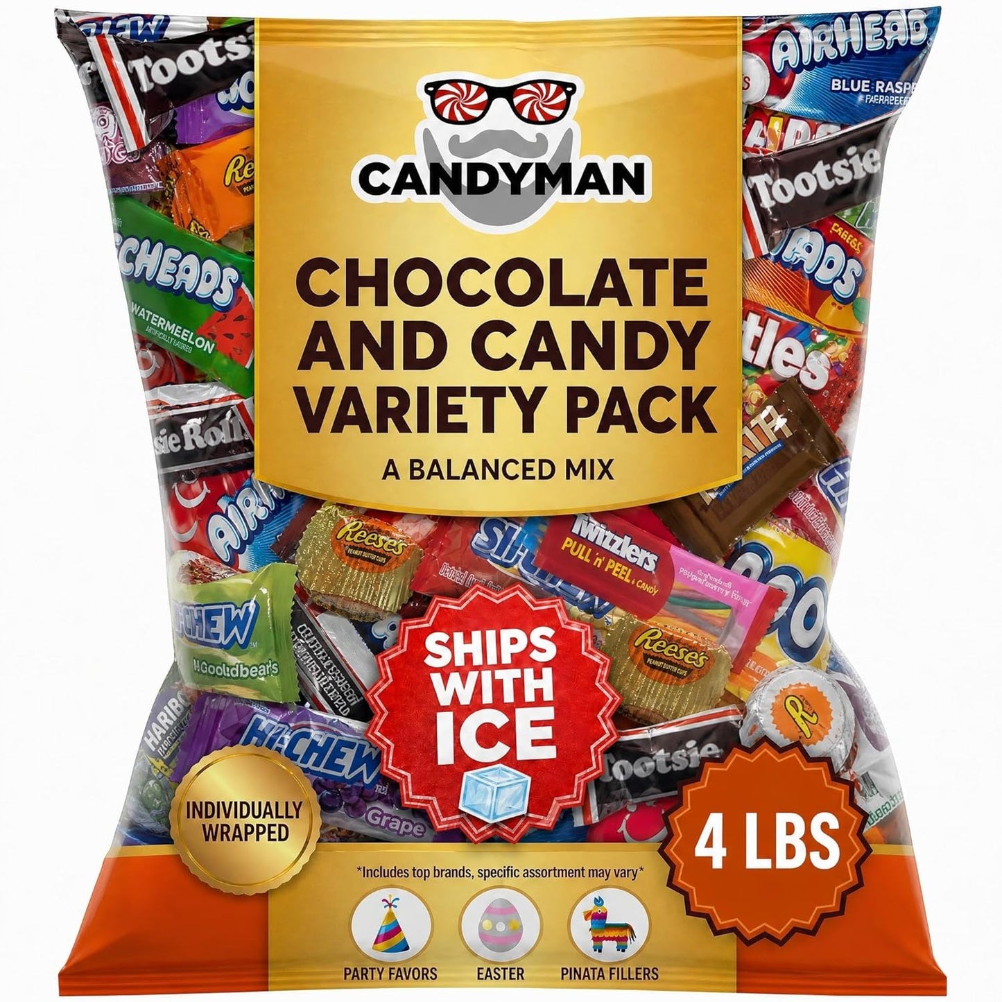 CANDYMAN Bulk Candy Variety Pack - 80+ Pieces, 2 LB Individually Wrapped Chocolate & Candy Mix, Father's Day, Fillers, Piñata Stuffers, Party Favors, Goodie Bags, Father's Day, Ship with Ice