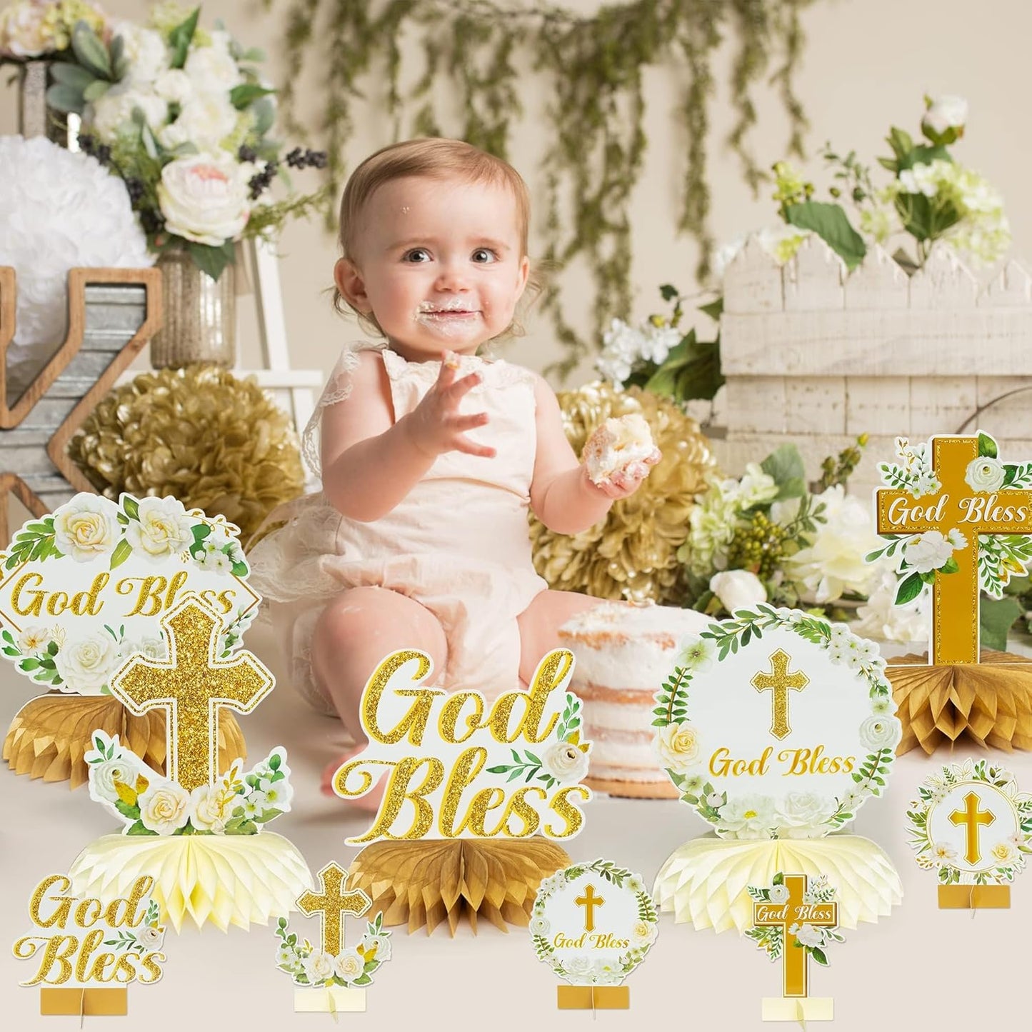 ANGOLIO White Gold Floral Honeycomb Centerpieces - 12Pcs Cross Rose Greenery God Bless Baptism Party Decoration Baby Shower First Communion Birthday Party Supplies for Boy Girl 3D Wedding Table Topper