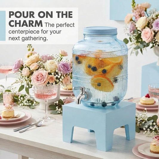 Beverage Dispenser 1 Gallon, Glass Drink Dispenser with Wooden Base Stand, Wide Mouth Jar for Lemonade, Iced Tea, Infused Water, Vintage Kitchen Decor - Pink