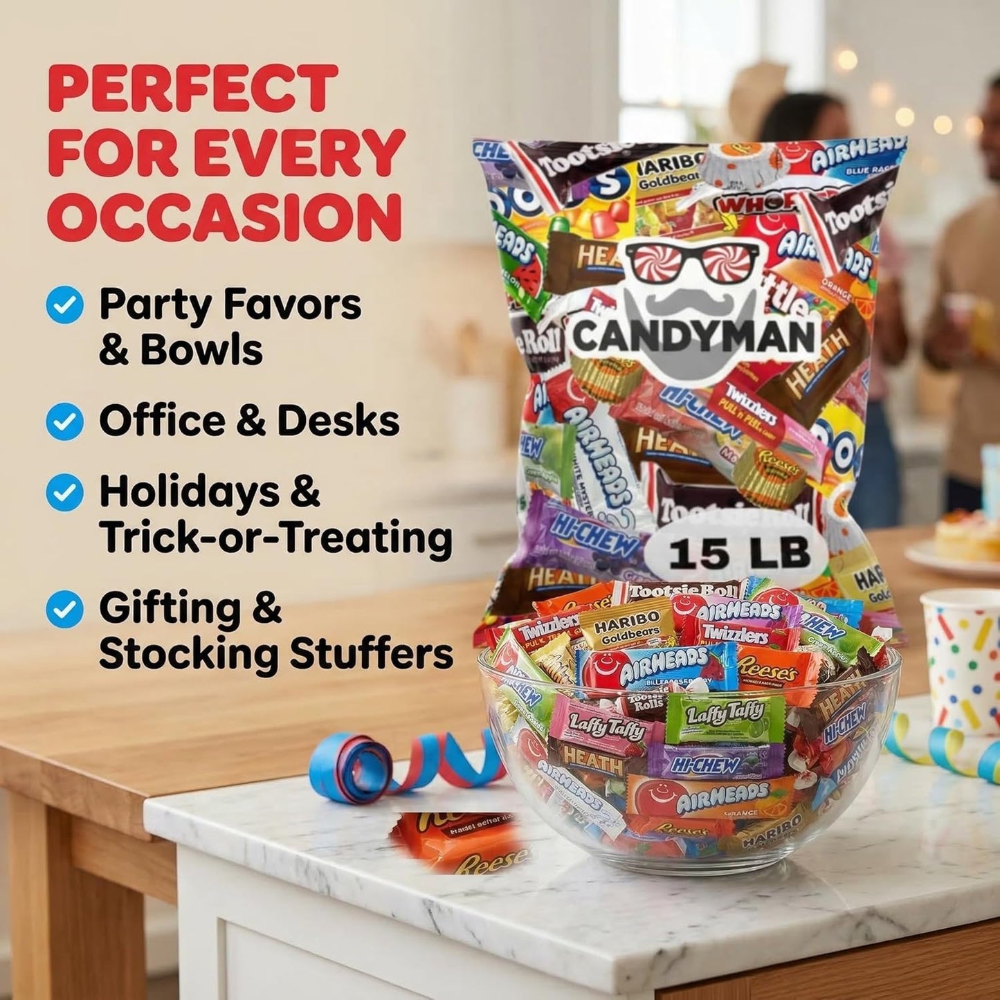 CANDYMAN Bulk Candy Variety Pack - 80+ Pieces, 2 LB Individually Wrapped Chocolate & Candy Mix, Father's Day, Fillers, Piñata Stuffers, Party Favors, Goodie Bags, Father's Day, Ship with Ice