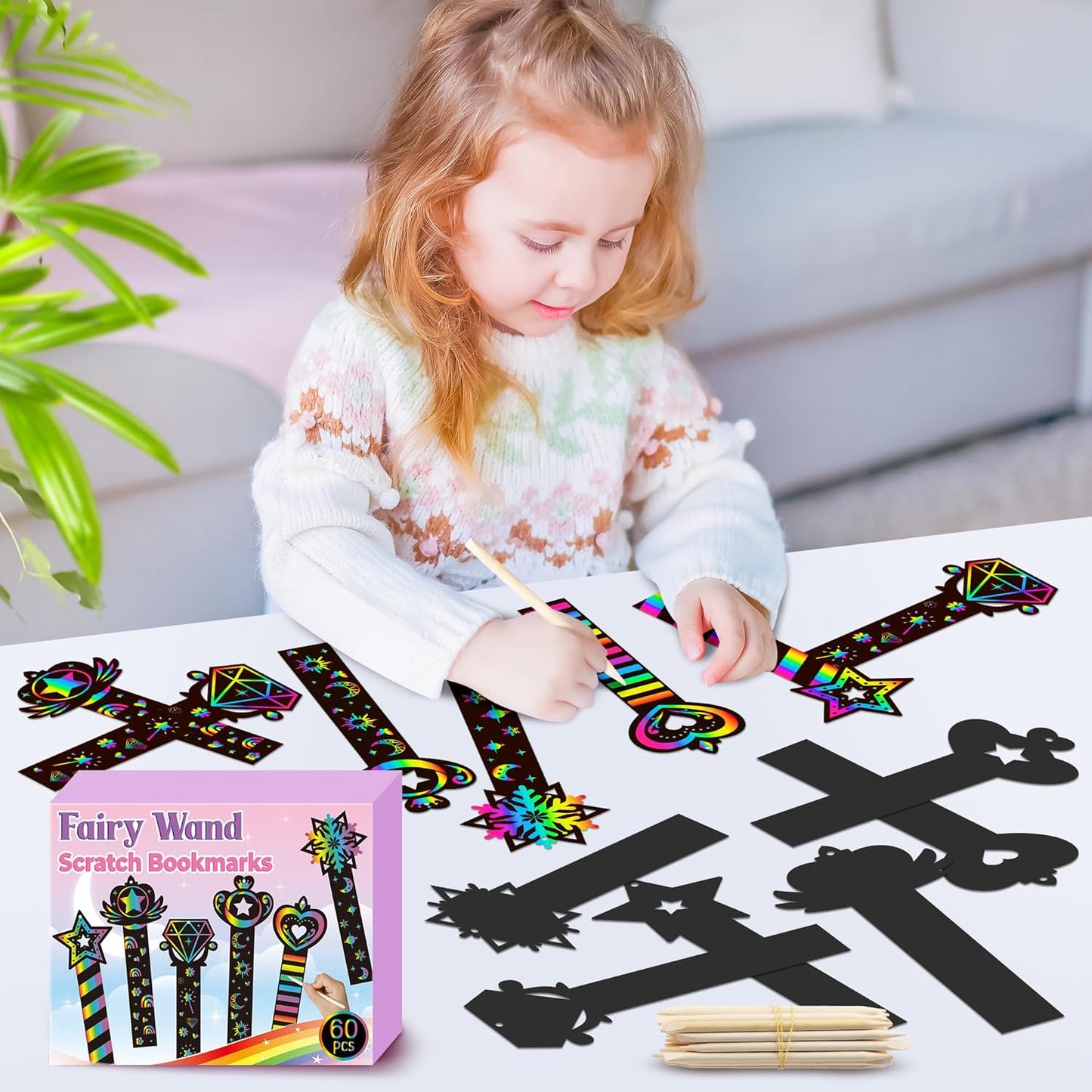 CY2SIDE 60PCS Princess Fairy Wand Scratch Bookmarks for Girls, Make Your Own Fairy Stick Scratch Paper Magic Wands Bookmark, DIY Princess Stick Rainbow Crafts Ornaments for Kids Birthday Party