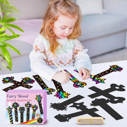 CY2SIDE 60PCS Princess Fairy Wand Scratch Bookmarks for Girls, Make Your Own Fairy Stick Scratch Paper Magic Wands Bookmark, DIY Princess Stick Rainbow Crafts Ornaments for Kids Birthday Party