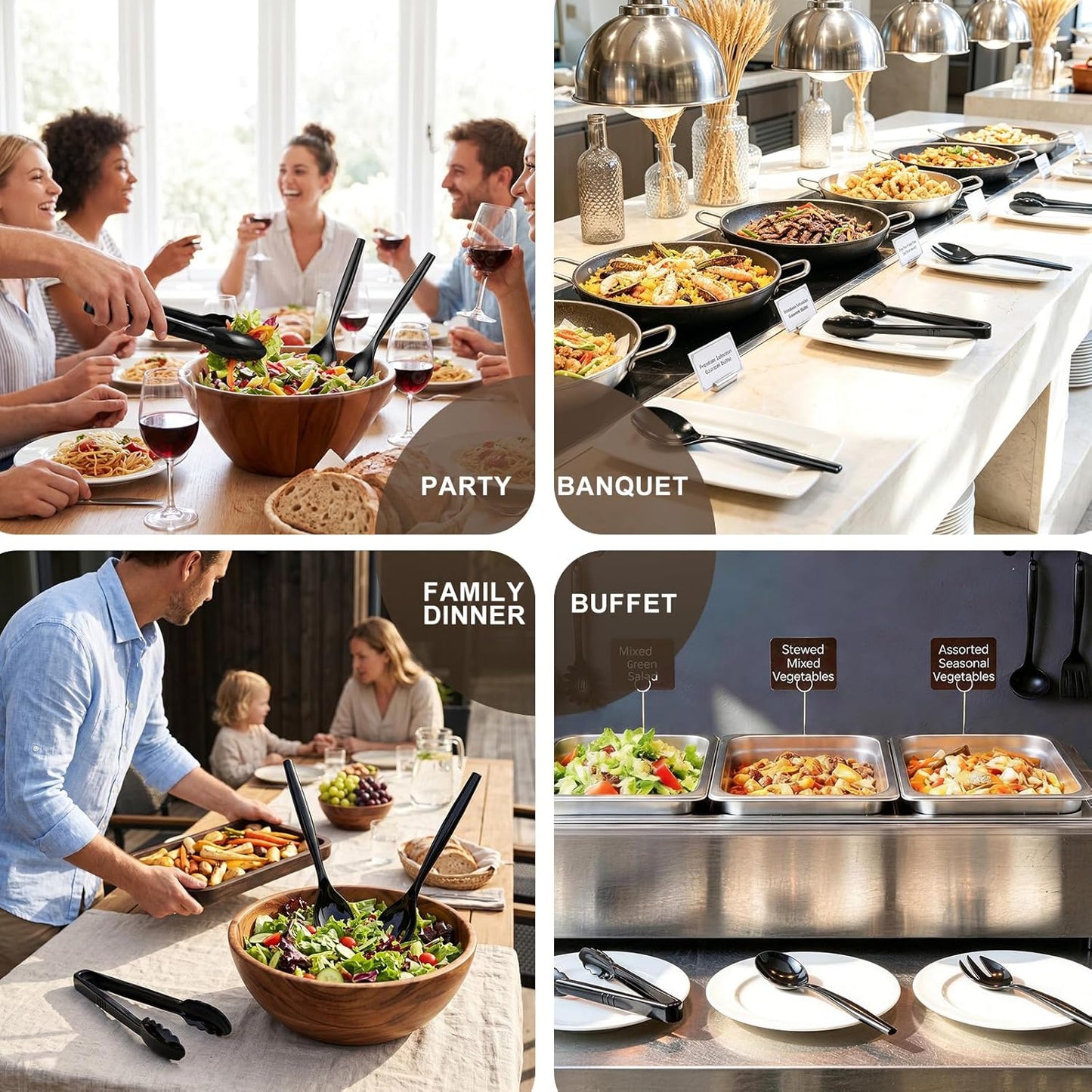 24 Pcs Disposable Black Plastic Serving Utensils,8 Set Including 9.72" Plastic Serving Spoons, Forks and 8.46" Tongs, for Dinner Parties, Buffets,Banquets, Events, Weddings, and Daily Use