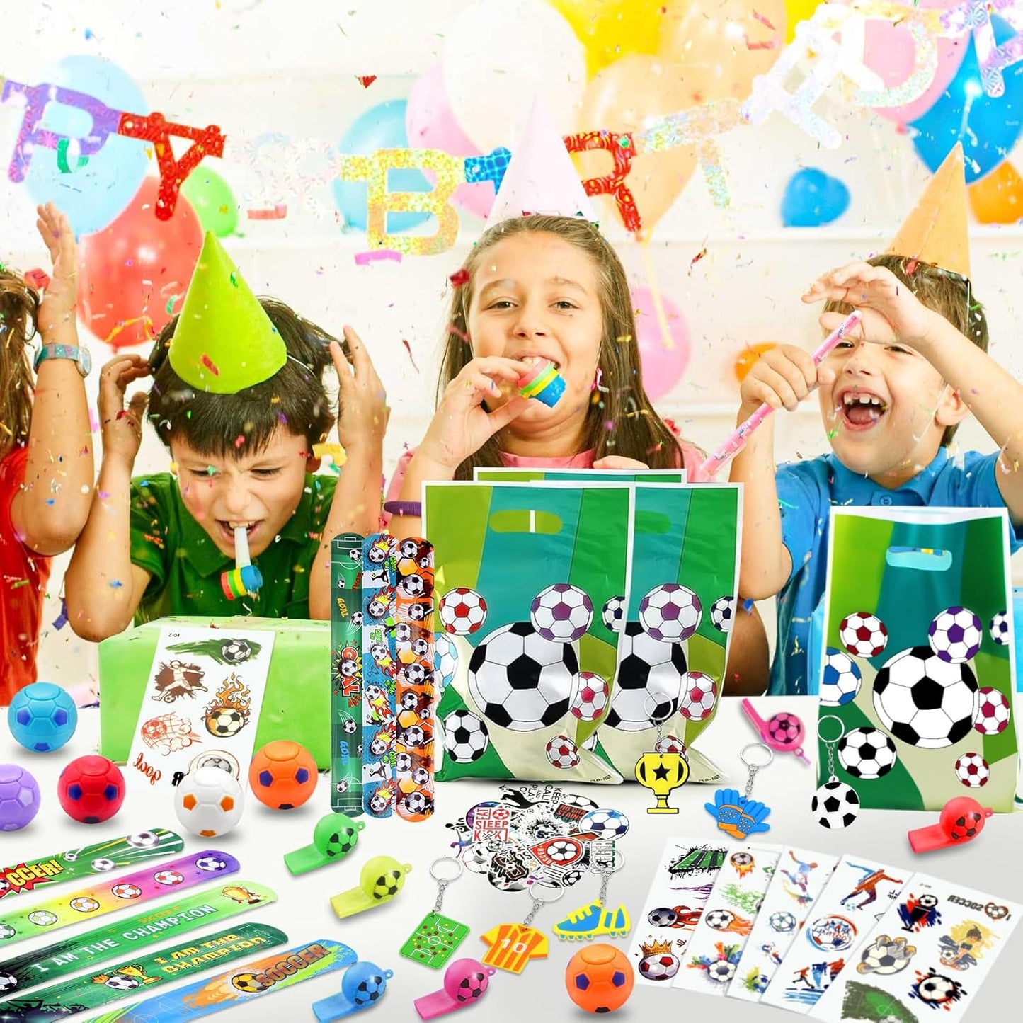 114 Pcs Soccer Party Favors for 10 Kids, Soccer Goodie Bags with Whistles, Slap Bracelets, Spinning Balls, Keychains, Tattoos & Stickers for Birthday, Team Celebration & Game Day