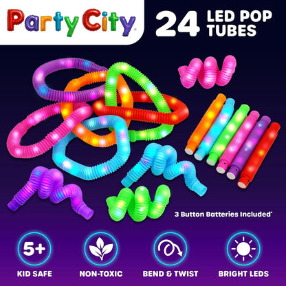 Party City 12pk LED Light Up Pop Tubes 25”- 3 Mode Stretchy Tubes LED Light Up Toys Bulk Glow Sticks Party Favors for Kids Necklaces Bracelets Neon Glow in the Dark Supplies Fidget Sensory Tube Pack