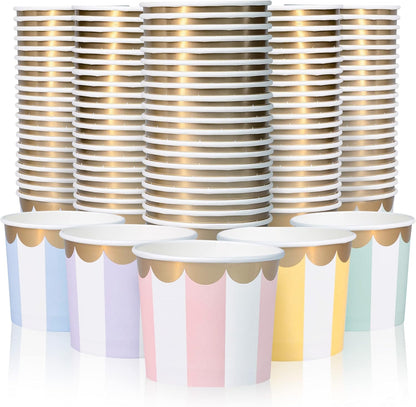 Confettiville Paper Ice Cream Cups, 50-Count 11-Oz Disposable Dessert Bowls for Hot or Cold Food, 11-Ounce Party Supplies Treat Cups, 5 Colors Pastel Stripes with Scalloped Gold Foil