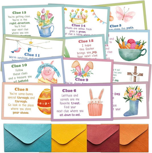 Easter Scavenger Hunt Clue Cards, Easter Scavenger Hunt Games for Adults, Holiday Spring Easter Party Supplies Activities Outdoor Indoor(16 Clues Cards with Envelopes), 08