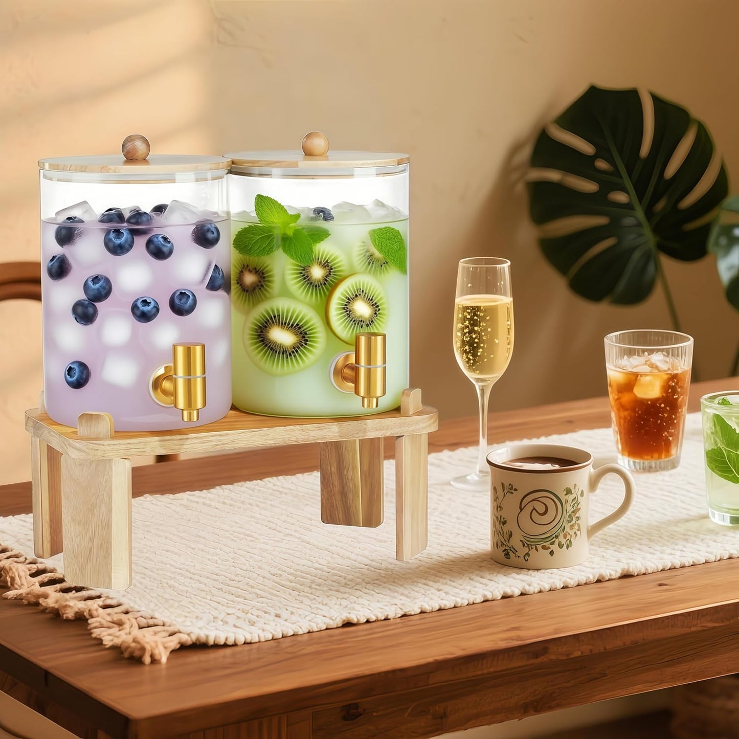 2 Pack Drink Dispenser with Wood Stand, Glass Beverage Dispenser with Spigot and Labels, Glass Water Dispenser for Parties, Lemonade Dispensers for Juice, Tea, and Home Bar Party Drinks (1 Gallon)