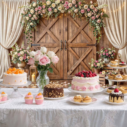 10x8ft Country Wedding Photography Backdrop Rustic Barn Door Photography Backdrop Farmhouse Pink Flower Cabin Wooden Birthday Baby Shower Wedding Bridal Party Banner Photo Booth Props Background