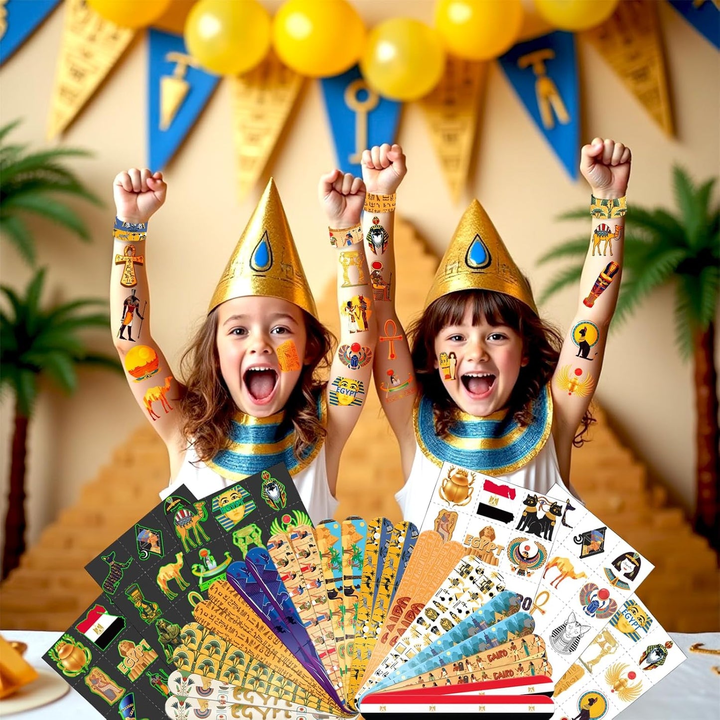 96 PCS Ancient Egypt Party Favors Set – 72 Pre-Cut Temporary Tattoos & 24 Slap Bracelets, Perfect for Egyptian-Themed Events, Travel-Inspired & Ancient History Gifts