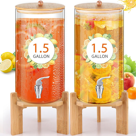 FillTouch 2 Pack 1.5 Gallon Drink Dispensers for Parties, Glass Beverage Dispensers with Wood Stand, Spigot and Bamboo Lid Leakproof for Lemonade Juice, Tea, Water, and Party Drinks