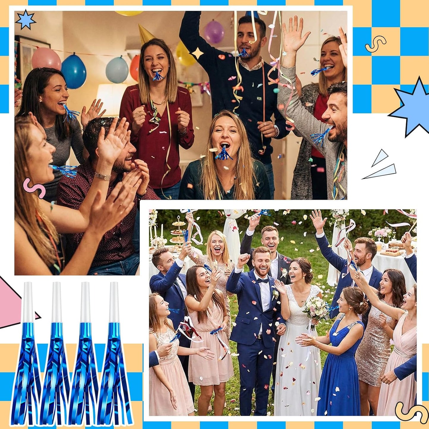 Sumind 24 Pcs Gold Noise Makers Metallic Fringed Party Blowers Horns Whistles Noisemakers Party Favors for Adults Birthday Graduation Sporting Events Celebration Surprise Supplies