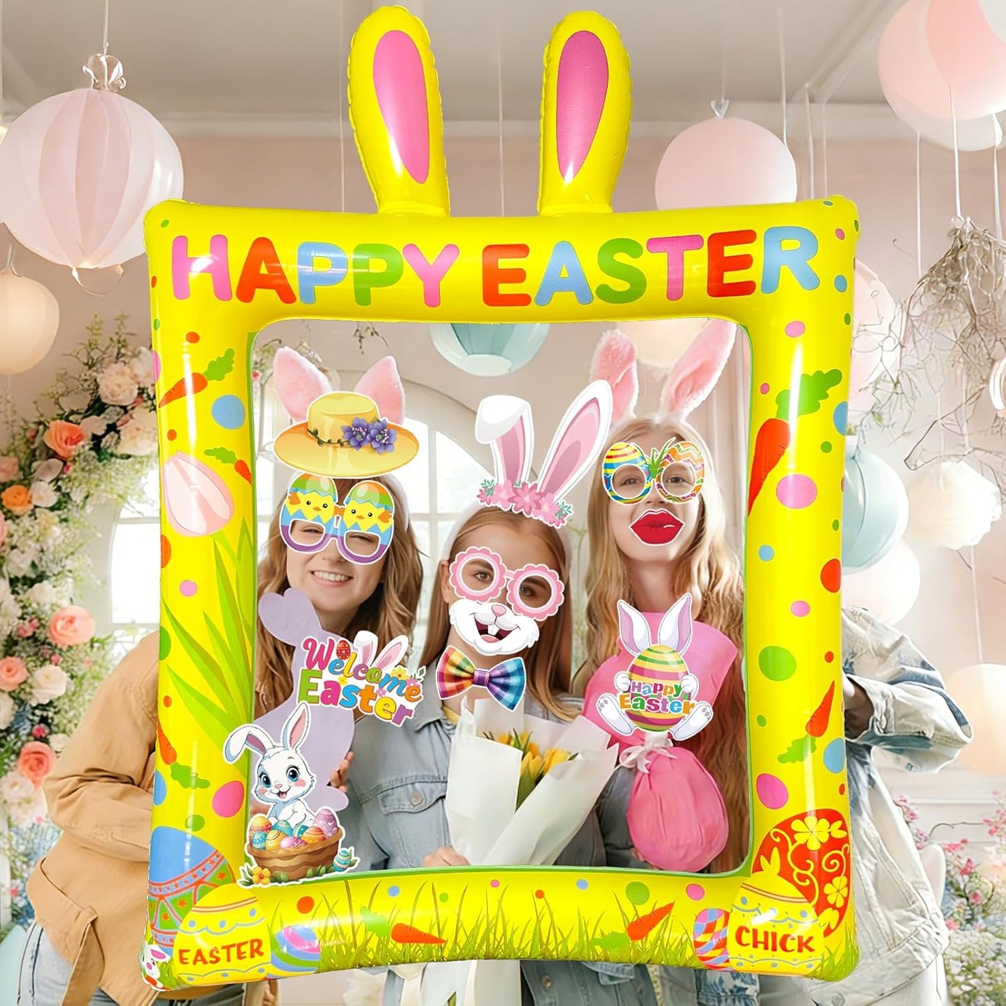 Hawaiian Photo Booth Props & Inflatable Frame, 30Pcs Luau Photobooth Props with Large Inflatable Inflatable Selfie Picture Frame for Summer Tropical Aloha Luau Party Selfie Supplies
