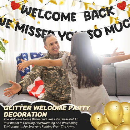 Fulmoon Pre Strung Welcome Back We Missed You So Much Banner, NO DIY, Glitter Welcome Home Celebration Decorations Family Gathering, Back to School, Military Homecoming Decoration(Dark Blue)