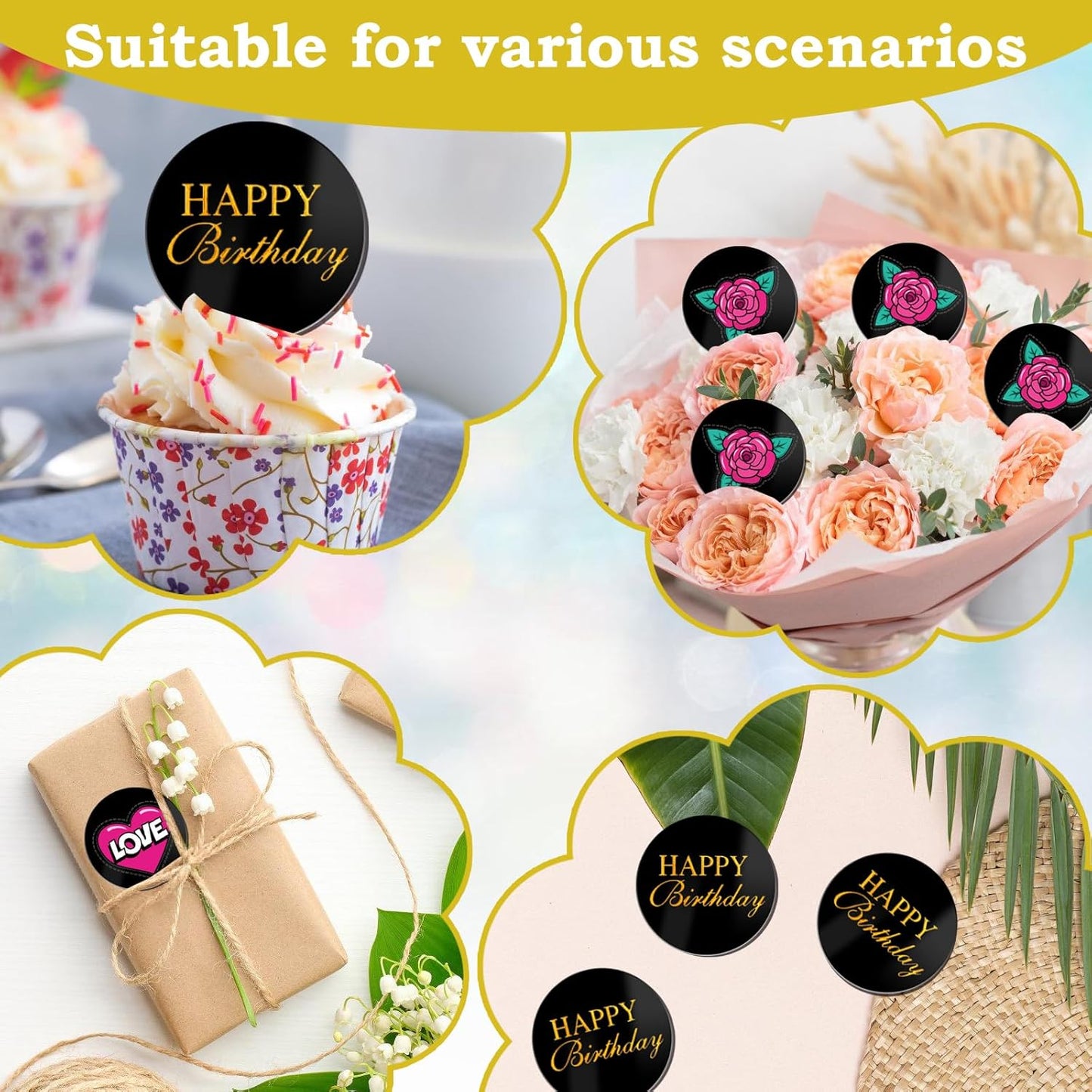 20pcs Gold Mirror Acrylic Happy Birthday Cupcake Toppers Round Engraved Cake Picks Happy Birthday Cake Toppers for DIY Birthday Gift Flower Bouquet Pastries Desserts Decor