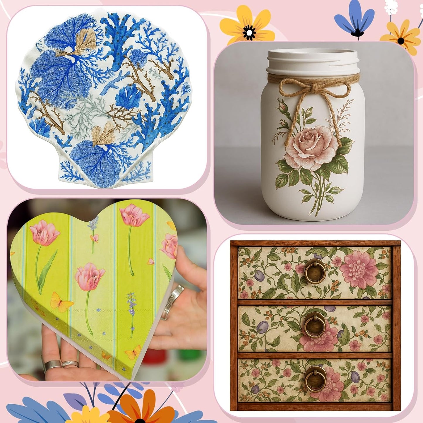 Crtiin 20 Pack Decoupage Napkins Floral Napkins Flower Cocktail Paper Decorative Toilet for Valentine's Day Birthday Party Beautiful Gorgeous, 20 Styles Each 6.5 Inches(Style 1)