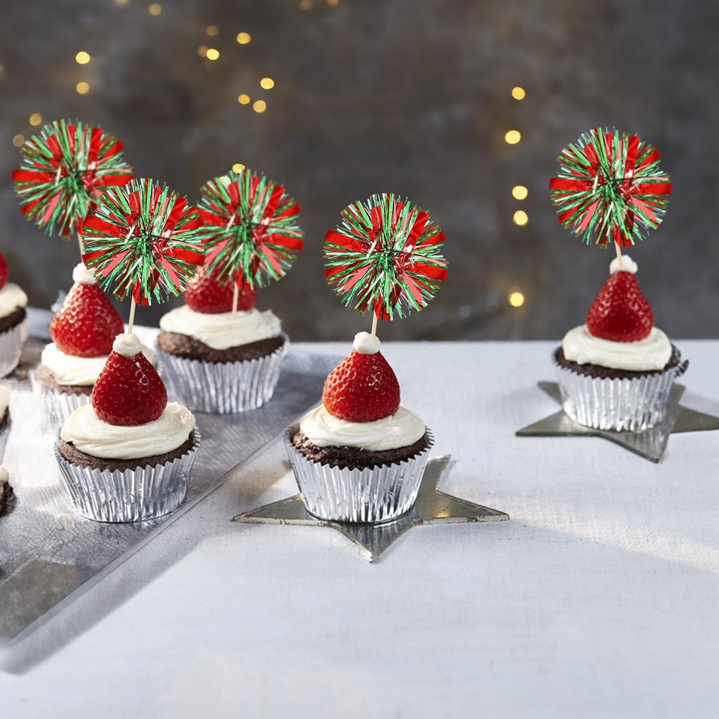 Ephlyn 30Pcs Foil Firework Cupcake Toppers Sparkle Tinsel Cupcake Picks Drink Stirrers Cocktail Food Fruit Toothpicks for Baby Shower Graduation Party Supplies White