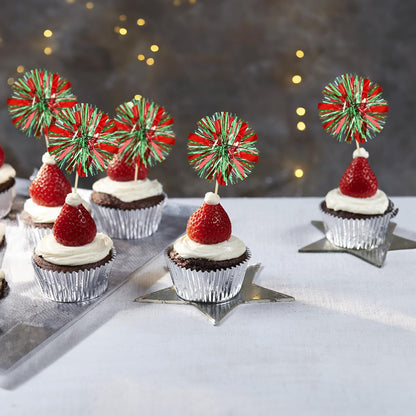 Ephlyn 30Pcs Foil Firework Cupcake Toppers Sparkle Tinsel Cupcake Picks Drink Stirrers Cocktail Food Fruit Toothpicks for Baby Shower Graduation Party Supplies White